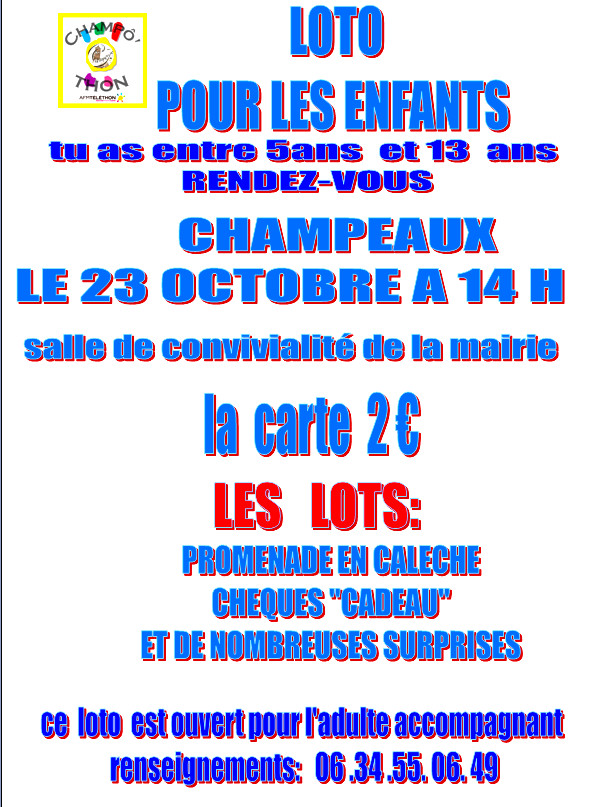 Le 23/10/2019 à 14h, loto pour les enfants à Champeaux Le 23/10/2019 à 14h, loto pour les enfants à Champeaux