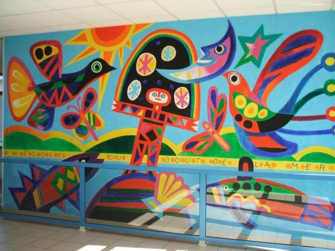 Fresque peinte par Auriac dans le hall de l'école