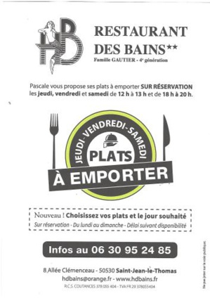 Les 4, 5, 6 juin : plats à emporter au Restaurant des Bains