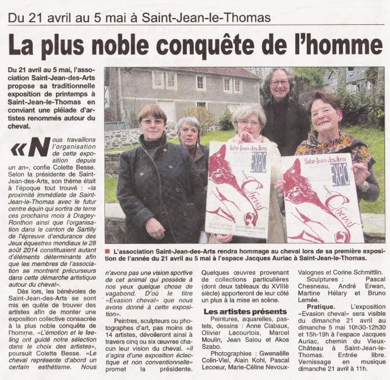 Du 21 avril au 5 mai : exposition "Evasion Cheval" avec Saint Jean des Arts Du 21 avril au 5 mai : exposition "Evasion Cheval" avec Saint Jean des Arts