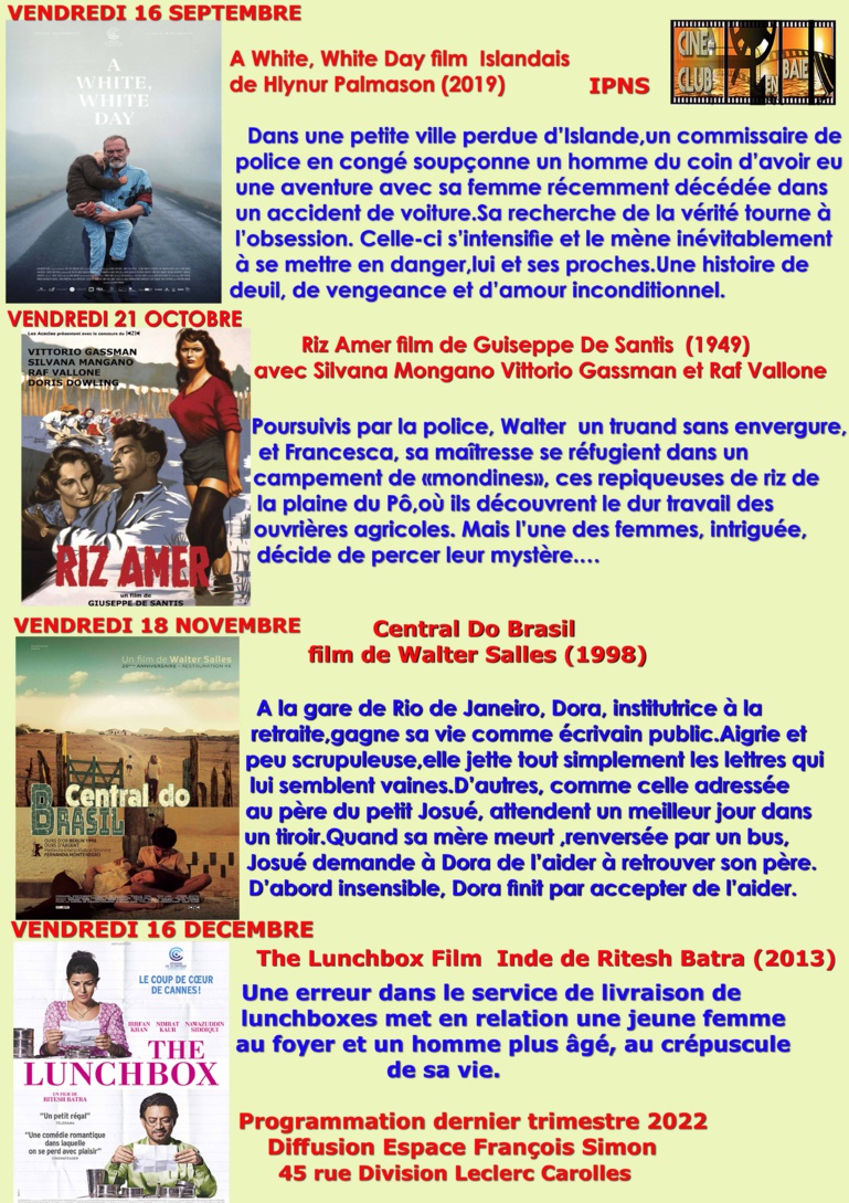 Du 16/9 au 16/12/2022, programme de Ciné-club en baie. Le 16/12 : THE LUNCH BOX Du 16/9 au 16/12/2022, programme de Ciné-club en baie. Le 16/12 : THE LUNCH BOX