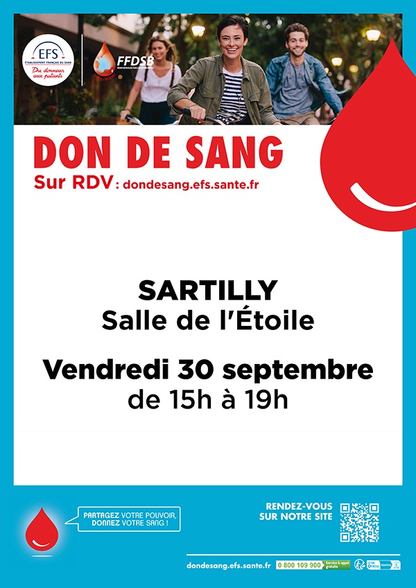 Le 30/9/2022, 15h - 19h, don de sang à Sartilly Le 30/9/2022, 15h - 19h, don de sang à Sartilly