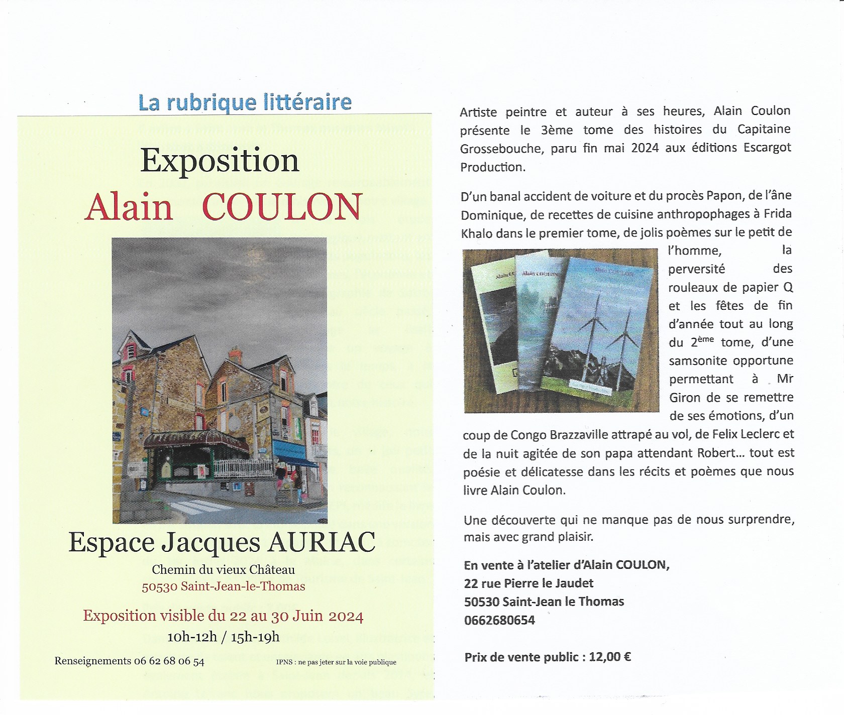 Du 22 au 30/6/2024, expo ALAIN COULON Du 22 au 30/6/2024, expo ALAIN COULON