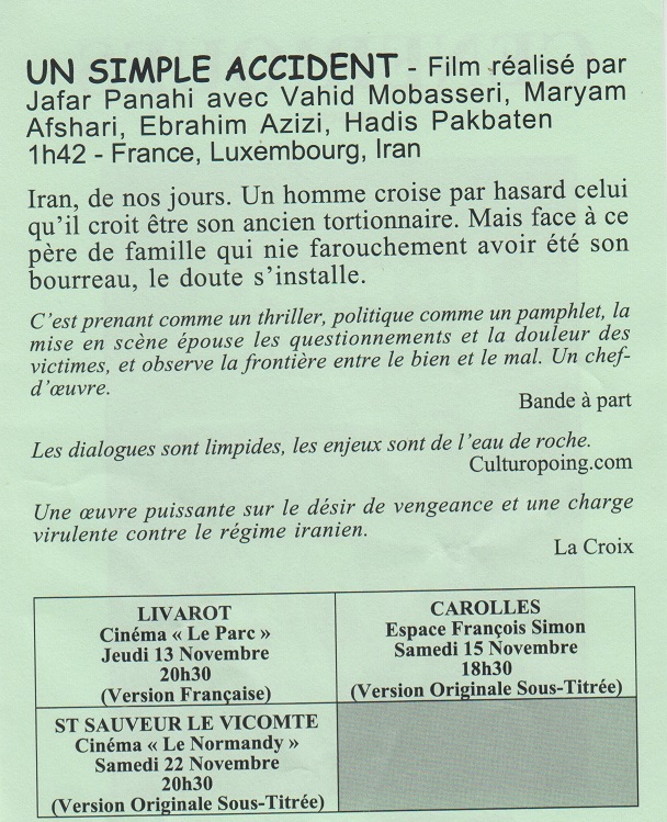 Le 15/11/2025, 18h30, film à Carolles : "Un simple accident"