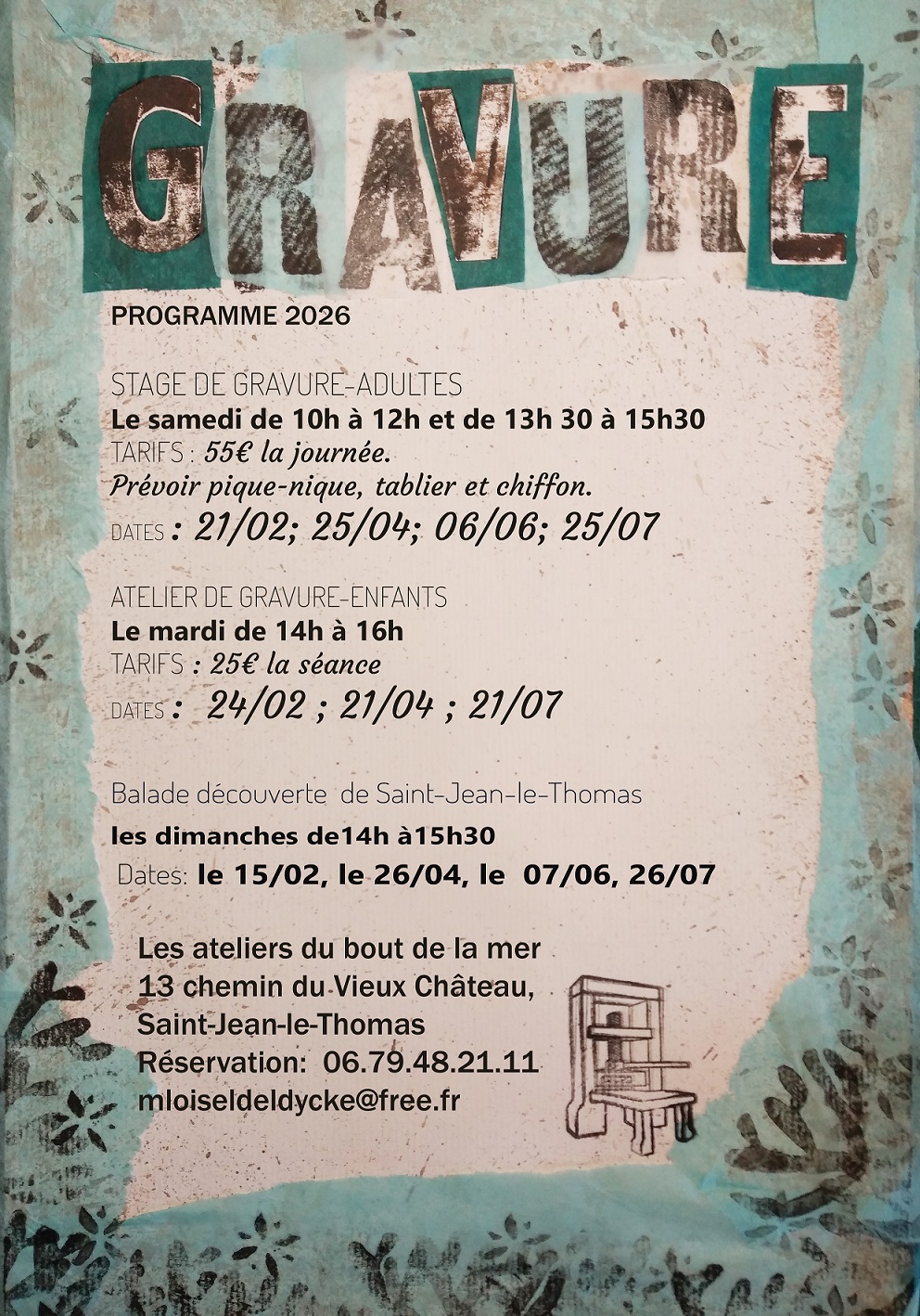 Gravure aux " Ateliers du Bout de la MER ". Programme.