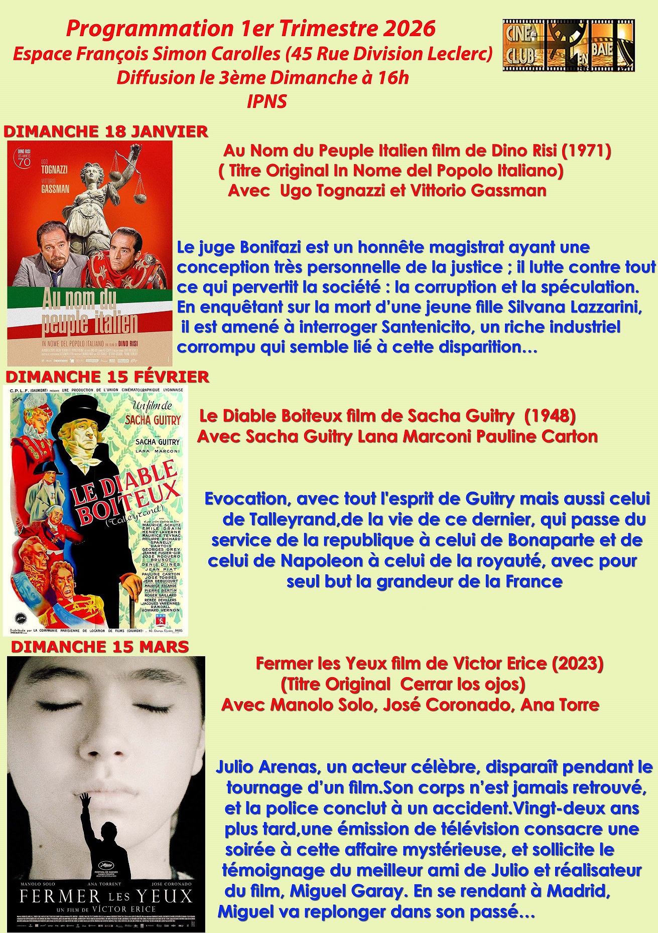 Le programme du ciné-club de Carolles : 1e trimestre 2026